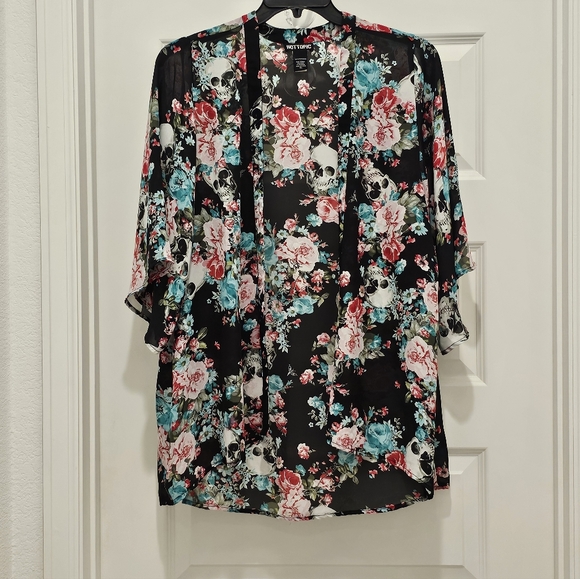 Hot Topic Floral Skull Print Hi-Lo Kimono Cardigan, EUC, Size X-Large - Picture 2 of 9